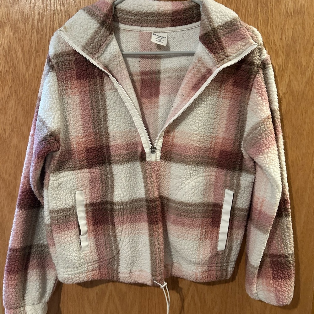 No Boundaries Plaid Sherpa Jacket - Pink and Brown